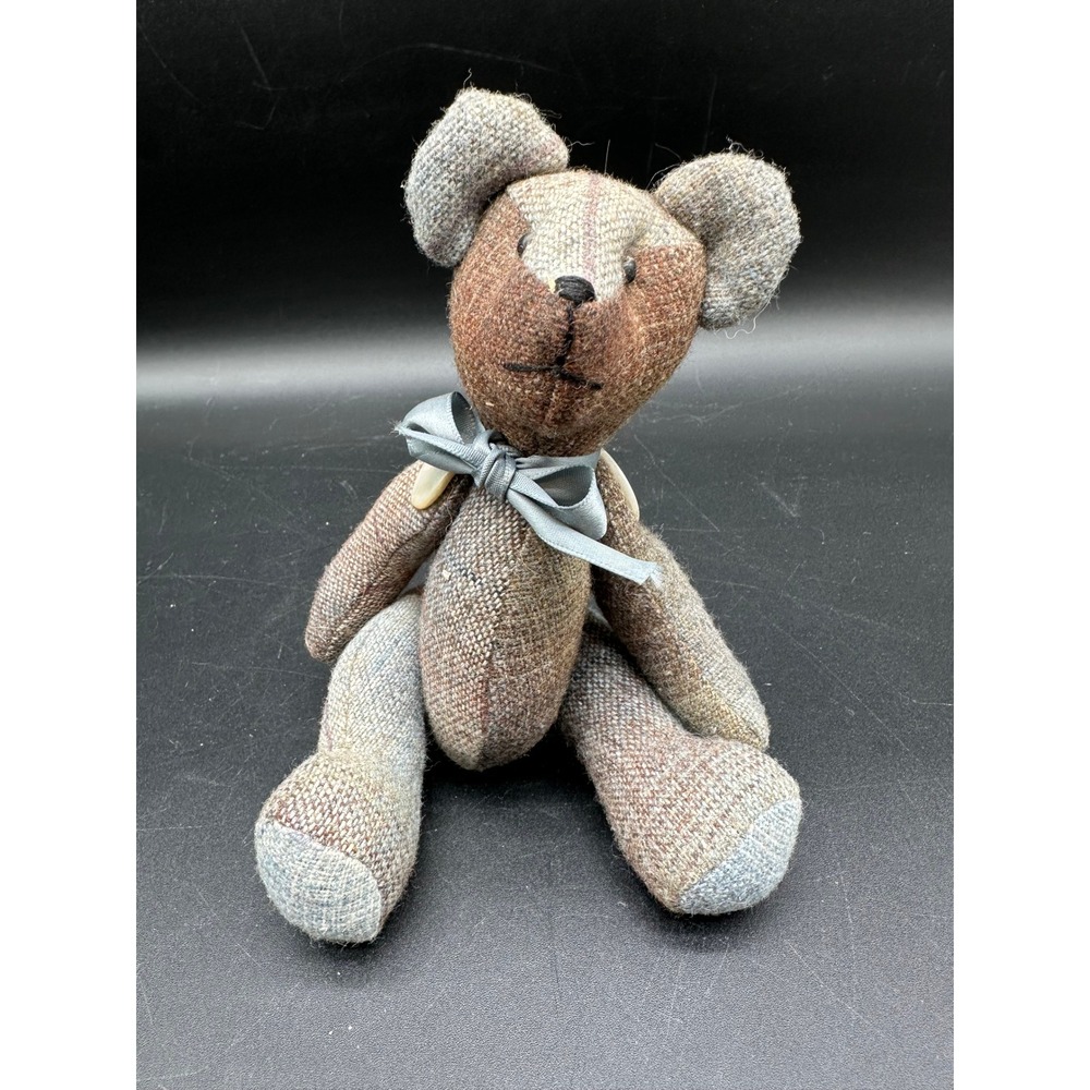 Handmade Tweed Teddy Bear Gray Bow Vintage Button Jointed Stuffed‎ Animal